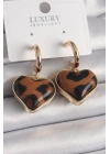 ® Pirinç Gold Renk 3D Kalp Leopar Desen Model Kadın Küpe