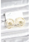 ® Pirinç Gold Renk Beyaz Mineli Geometrik Gül Model Kadın Küpe