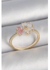® Pirinç Gold Renk Beyaz Mineli Pembe Zirkon Taşlı Çiçek Model Kadın Yüzük