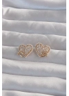 ® Pirinç Gold Renk Fiyonk Detay İncili Zirkon Taşlı Kalp Küpe