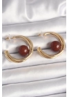 ® Pirinç Gold Renk Halka Model Kahverengi Boncuk Detay Kadın Küpe