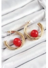® Pirinç Gold Renk Halka Model Kırmızı Boncuk Detay Kadın Küpe