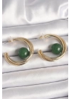 ® Pirinç Gold Renk Halka Model Yeşil Boncuk Detay Kadın Küpe