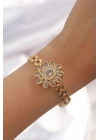 ® Pirinç Gold Renk İri Zirkon Taşlı Çiçek Figürlü Bileklik