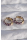 ® Pirinç Gold Renk Mor Etnik Desenli Halka Küpe