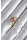 ® Pirinç Gold Renk Pembe Zirkon Taş Kalp Charm Model Kadın Yüzük