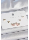 ® Pirinç Gold Renk Pembe Zirkon Taşlı Kalp Model 925 Ayar Gümüş Çivi Kadın Küpe Seti