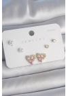® Pirinç Gold Renk Pembe Zirkon Taşlı Kalp Model İnci Detay 925 Ayar Kadın Küpe Seti