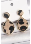 ® Pirinç Gold Renk Sallantı Leopar Desen Plaka Model Kadın Küpe