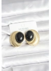 ® Pirinç Gold Renk Siyah Boncuklu Oval Vintage Kadın Küpe