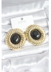 ® Pirinç Gold Renk Siyah Boncuklu Vintage Kadın Küpe