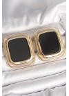 ® Pirinç Gold Renk Siyah Mineli Kare Model Kadın Küpe