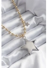 ® Pirinç Gold Renk Topçuk Zincir Gümüş 3D Yıldız Model Yıldız Detay VİP Kadın Kolye