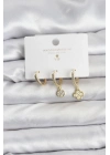® Pirinç Gold Renk Yonca Model 3lü Kadın Küpe Seti