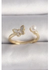 ® Pirinç Gold Renk Zirkon Taş Detaylı Beyaz Mineli Kelebek Model İnci Detay Ayarlanabilir Yüzük