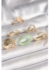 ® Pirinç Gold Renk Zirkon Taşlı Daire Pembe Mineli Detay 6Lı Kadın Yüzük Seti