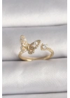 ® Pirinç Gold Renk Zirkon Taşlı Kelebek Model İnci Detay Ayarlanabilir Yüzük