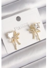® Pirinç Gold Renk Zirkon Taşlı Kurdele Model Kadın Küpe