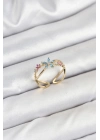 ® Pirinç Gold Renk Zirkon Taşlı Mavi Çiçekli Kadın Yüzük