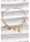 ® Pirinç Gold Renk Zirkon Taşlı Sallantı Kutup Yıldız Figür İnci Detay Charm Kadın Bileklik