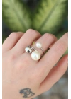 ® Pirinç Gümüş Renk Ayarlanabilir İnci Taşlı Yüzük