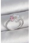 ® Pirinç Gümüş Renk Beyaz Mineli Pembe Zirkon Taşlı Çiçek Model Kadın Yüzük
