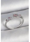 ® Pirinç Gümüş Renk Pembe Damla Zirkon Taşlı Ayarlanabilir Model Kadın Yüzük