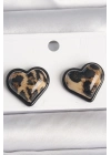 ® Pirinç Siyah Renk Leopar Desen 3D Kalp Model Kadın Küpe