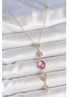 ® Pirinç Zincir Gold Renk Pembe Zirkon Taşlı Y Kolye