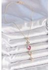 ® Pirinç Zincir Gold Renk Pembe Zirkon Taşlı Y Kolye