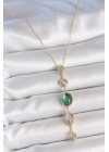 ® Pirinç Zincir Zümrüt Yeşil Gold Renk Zirkon Taşlı Y Kolye