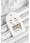 ® Pirinç Zirkon Taş Ve Halka Figürlü Gold Renk 3lü Çift Kadın Küpe Set