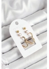 ® Pirinç Zirkon Taş Ve Kalp Figürlü Gold Renk 3lü Çift Kadın Küpe Set