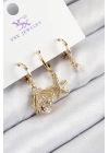 ® Pirinç Zirkon Taşlı 3lü İstiridye Ve Yıldız Model Gold Renk Kadın Küpe