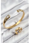 ® Pirinç Zirkon Taşlı Ayrık Model Gold Renk Bileklik Yüzük Set