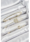 ® Pirinç Zirkon Taşlı Baget Model Gold Renk Vip 3lü Kadın Bileklik