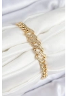 ® Pirinç Zirkon Taşlı Ezme Küba Zincir Model Gold Renk Kadın Bileklik