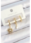 ® Pirinç Zirkon Taşlı Güneş Model Gold Renk 3lü Çift Kadın Küpe Set