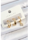 ® Pirinç Zirkon Taşlı Halka Model Gold Renk 3lü Çift Kadın Küpe Set