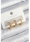 ® Pirinç Zirkon Taşlı Halka Model Gold Renk 3lü Çift Kadın Küpe Set