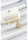 ® Pirinç Zirkon Taşlı Kutup Yıldızı Model Gold Renk 3lü Çift Kadın Küpe Set