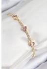 ® Pirinç Zirkon Taşlı Pembe Kalp Model Gold Renk Kadın Bileklik