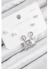 ® Pirinç Zirkon Taşlı Sallantılı Kare Model Gümüş Renk 925 Ayar Gümüş Çivi Kadın Küpe Set