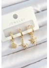 ® Pirinç Zirkon Taşlı Yıldız Model Gold Renk 3lü Çift Kadın Küpe Set
