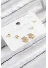 ® Pirinç Zirkon Taşlı Yıldız Model Gold Renk 925 Ayar Gümüş Çivi Kadın Küpe Set