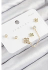 ® Pirinç Zirkon Taşlı Yonca Model Gold Renk 925 Ayar Gümüş Çivi Kadın Küpe Set