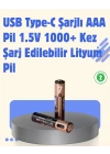 ® USB Type-C Şarjlı AAA Lityum Pil | 1.5V Sabit Voltaj, 1000+ Şarj Döngüsü ile Uzun Ömür