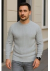 Bisiklet Yuvarlak Yaka Triko Kazak Pamuklu Kalın Fitilli Dokuma, Regular Fit Uzun Kollu Kışlık Model - Gri
