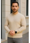 Bisiklet Yuvarlak Yaka Triko Kazak Pamuklu Kalın Fitilli Dokuma, Regular Fit Uzun Kollu Kışlık Model - Bej