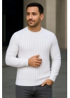 Bisiklet Yuvarlak Yaka Triko Kazak Pamuklu Kalın Fitilli Dokuma, Regular Fit Uzun Kollu Kışlık Model - Beyaz